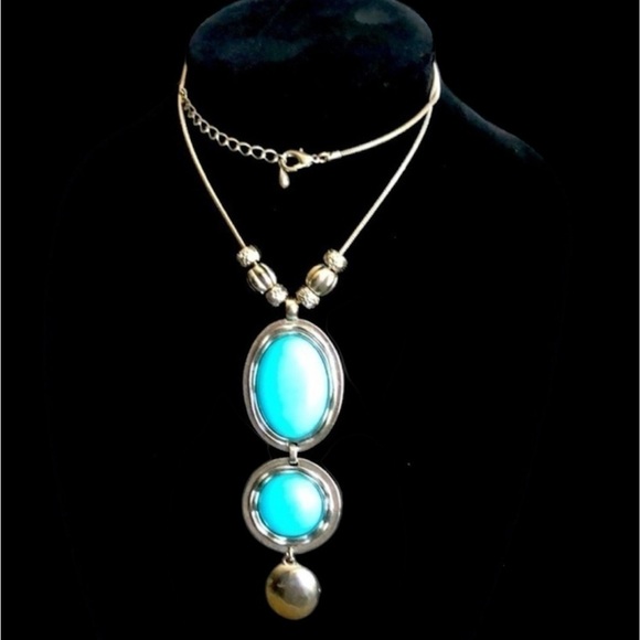 70s inspired Fashion long necklace w faux turquoise stones - Picture 1 of 9